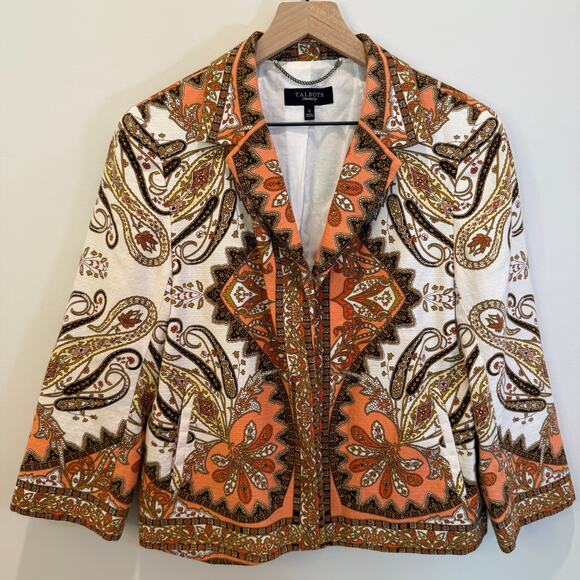 Talbots Blazer Women's Size 12 Paisley Peach Lined Open Pockets 100% Cotton - Picture 1 of 16